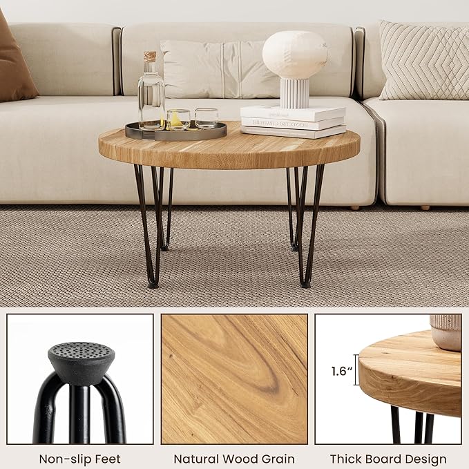Fun Memories Round Coffee Table - Elm Wood Nesting Table with Metal Legs & Non Slip Feet Base - Rustic Nesting End Tables for Living Room Bedroom - 27.5" D x 27.5" W x 16" H - Natural Color