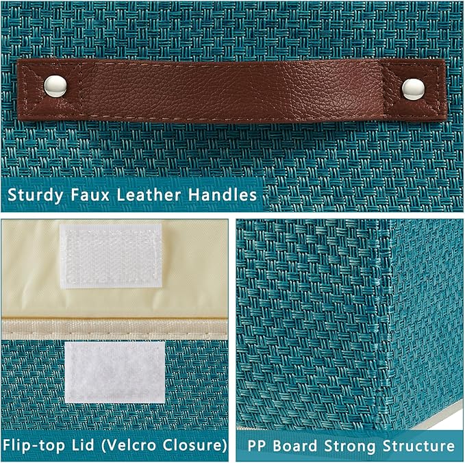 Storage Bins with Lid Fabric Storage Box Basket PU Leather Handle Textured Woven Cotton Linen Decorative Foldable Washable Shelf Closet Organizer Container (Flip-top Lid, Blue, Large)-NeatNest