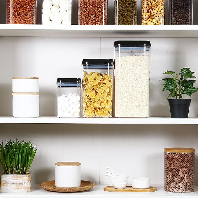 Felli Flip Tite Storage Container with Lid 6" XL Air Tight Ring Lock Top, Clear Acrylic Canister Set for Kitchen, Pet Cat Dog Food Treats, 5 lb Flour Sugar Pantry Organizer (Nest-L, Black)-NeatNest