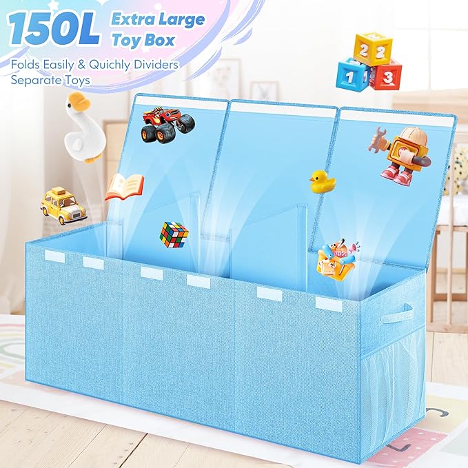 Extra Large Toy Box, Toy Box for Kids Boys Girls, Collapsible Sturdy Toy Storage Organizer with Mesh Pockets, 40"x14"x16" Kids Toy Chest Boxes Bins Baskets for Nursery, Playroom, Blue
