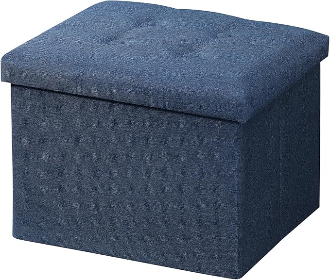 AmasSmile Storage Ottoman Folding Foot Rest Stool, 17 inch Linen Footstool Bench, Short Ottoman Bench, Storage Foot Rest Store, Books, Light Blue