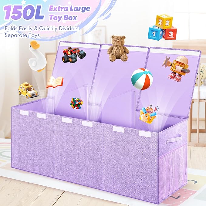 Extra Large Toy Box, Toy Chest for Kids Boys Girls, Collapsible Sturdy Storage Organizer with Mesh Pockets, 40"x14"x16" Kids Box Bins Baskets for Nursery, Playroom, Purple