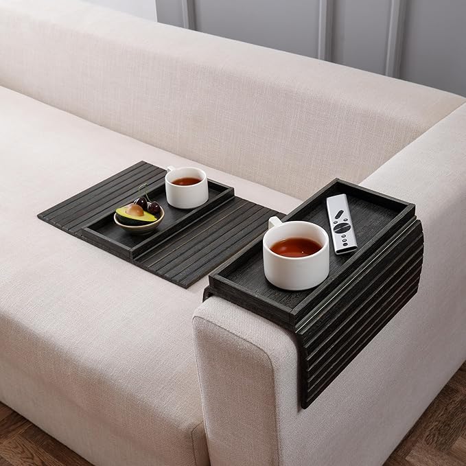 DETOR Couch Arm Tray, TV Tray with Capacious 12.4" x 5.4" Storage Box, Bamboo Grain Stained Black Color, Enhanced Nonslip Felt Bottom, Sturdy Bamboo Slats Material | for Armrests 6" and Wider-NeatNest