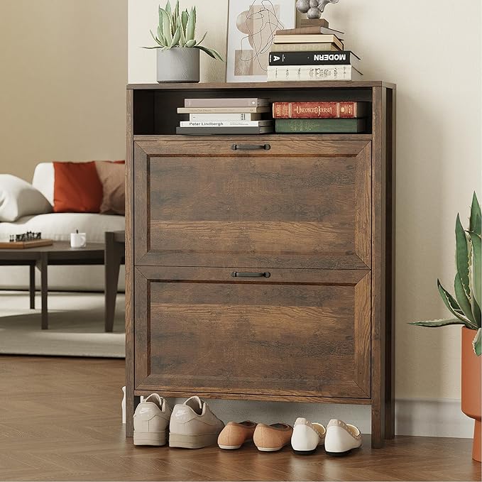 Shoe Storage Cabinet with 2 Flip Drawers, Wooden Shoe Rack with Metal Handle, Freestanding Hidden Shoe Storage Organizer with Open Shelf, Narrow Shoe Rack for Entryway, Hallway (Brown)