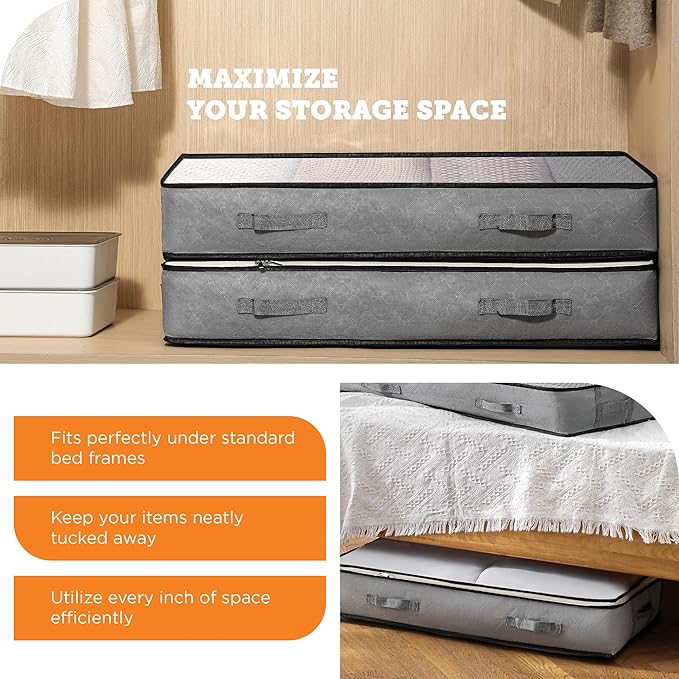 storageLAB Under Bed Storage Containers - Foldable Closet Organizer with Clear Top, Sturdy Handles - 7L Capacity Storage Box for Clothing, Comforter, Blanket, and Shoe - 2 Pack, Soft-Sided, Gray-NeatNest