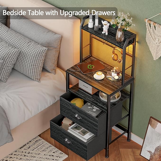 Furologee 40'' Tall Nightstand with Charging Station, Bedside Table with LED Lights, End Table with 2 Drawers and Storage Shelves, Night Stand with Pegboard for Bedroom, Black Oak