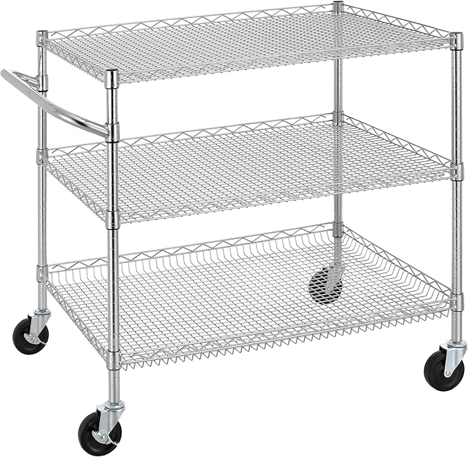 Finnhomy 3 Tier Heavy Duty Commercial Grade Utility Cart, Wire Rolling Cart with Handle Bar, Steel Service Cart with Wheels, Kitchen Carts on Wheels, Metal Cart Shelf Size 24" D x 36" W, NSF, Chrome