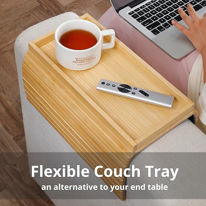 DETOR Couch Arm Tray, Foldable Sofa TV Tray with Capacious 12.4" x 5.4" Storage Box, Natural Bamboo Finish, Enhanced Nonslip Felt Bottom, Sturdy Bamboo Slats Material | for Armrests 6" and Wider-NeatNest