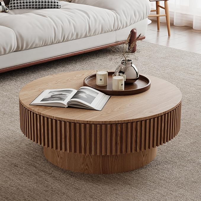 31.5'' Round Wood Coffee Table with Storage for Living Room Modern Fluted Coffee Table with Pedestal Circle Center Tables Accent Tea Table for Apartment, Natural Wood Oak
