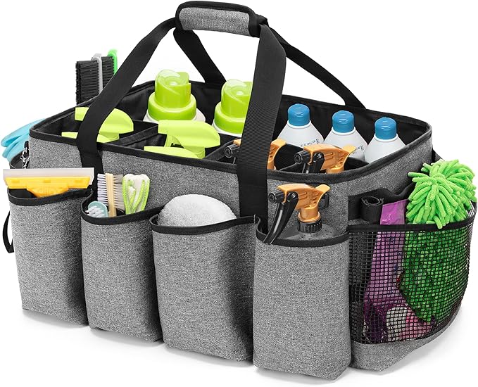 Extra-Large Cleaning Caddy, Organizer with Handles for Cleaning Tools & Products Storage, Large Capacity Tote Bag for Car, Home & Housekeeping Work, Gray