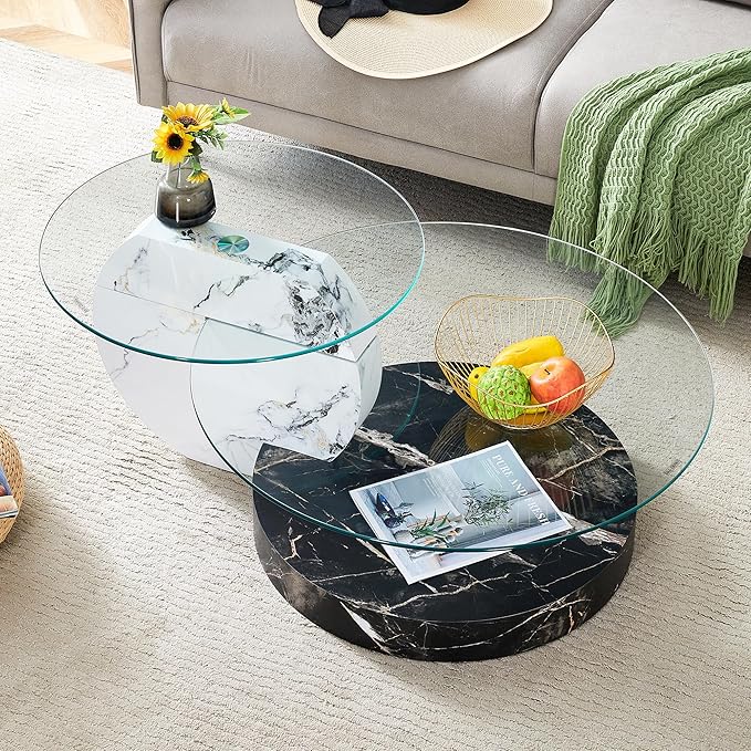 Glass Coffee Tables Round Coffee Tables for Living Room Modern 3 Tier Round Table Circle Coffee Table for Small Space Home Office (42 Inch White+Black)