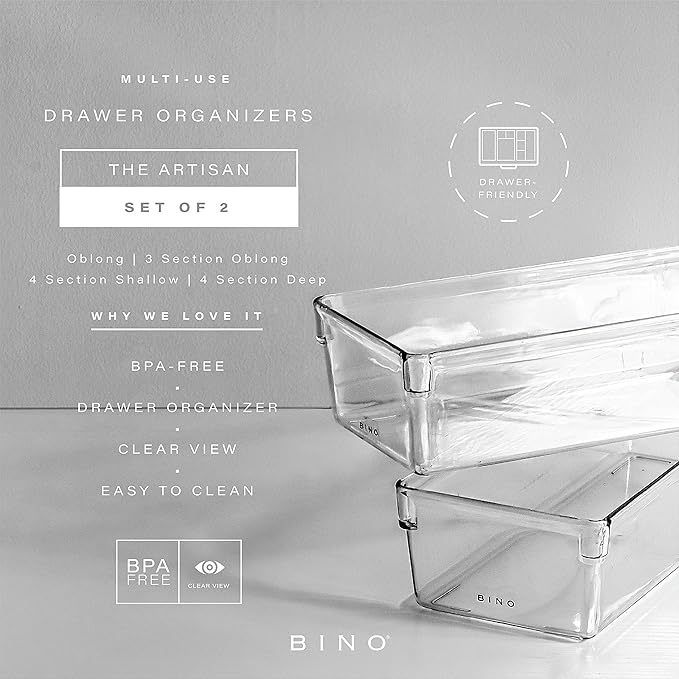 BINO | Oblong Plastic Drawer Organizer Bin, 2-Pack | THE ARTISAN COLLECTION | Multi-Purpose | Durable | BPA-Free | Desk, Vanity, Bathroom & Makeup Drawer Organizer-NeatNest