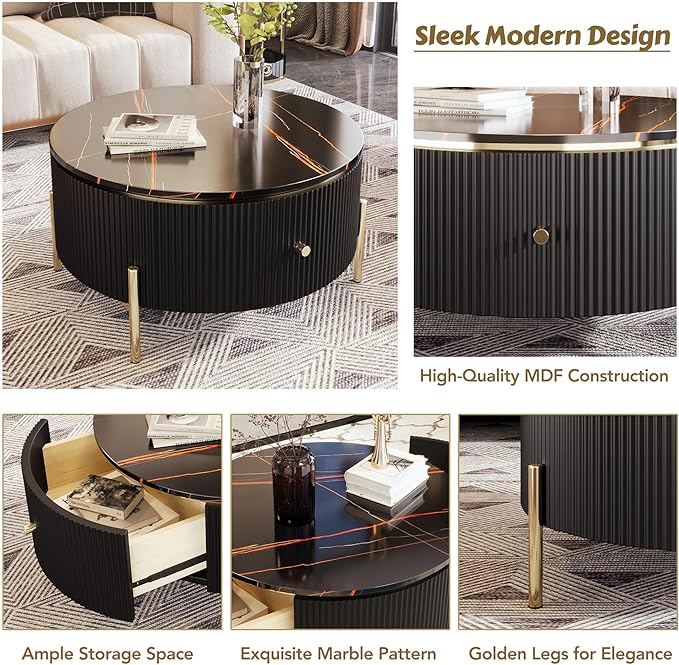 31.5'' Modern Round Coffee Table with 2 Large Drawers Storage Accent Table for Living Room(31.5'')