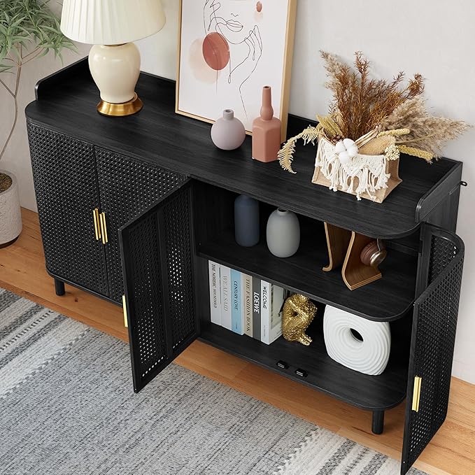 ORRD 4 Doors Storage Cabinet, 2 Tier Wooden Storage Organizer Cabinet with Adjustable Shelf, Sideboard Buffet Cabinets with Iron Curved Doors Accent Shoe Rack for Entryway Hallway Living Room (Black)-NeatNest