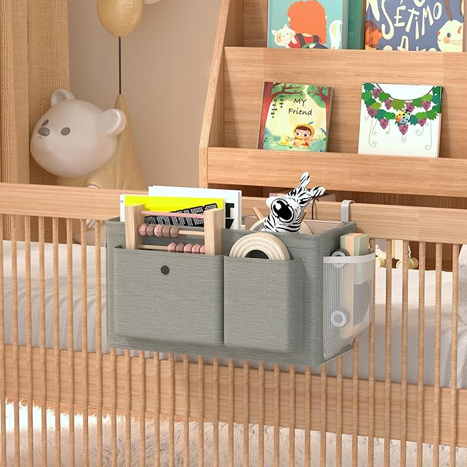 Bedside Caddy Bedside Organizer with Fixed Straps & Water Bottle Holder, Bunk Bed Caddy ideal for Home, Dorm, Hospital, Crib, Versatile Bedside Storage Solution (Grey 2pcs)-NeatNest