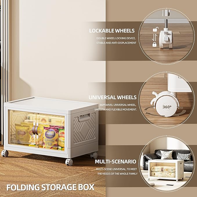 84 QT / 21 Gal Magnetic Door Storage Bins Collapsible Stackable w/1 Lid, Heavy Duty Plastic Cabinet with Wheels for Home Office Organization (White)-NeatNest