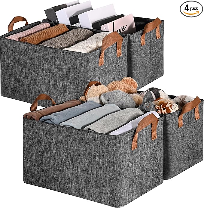 GRANNY SAYS Closet Storage Baskets, Collapsible Fabric Storage Bins with Metal Frame, Clothes Organizer Bins, Large Baskets for Shelves, Dark Gray, 4-Pack-NeatNest