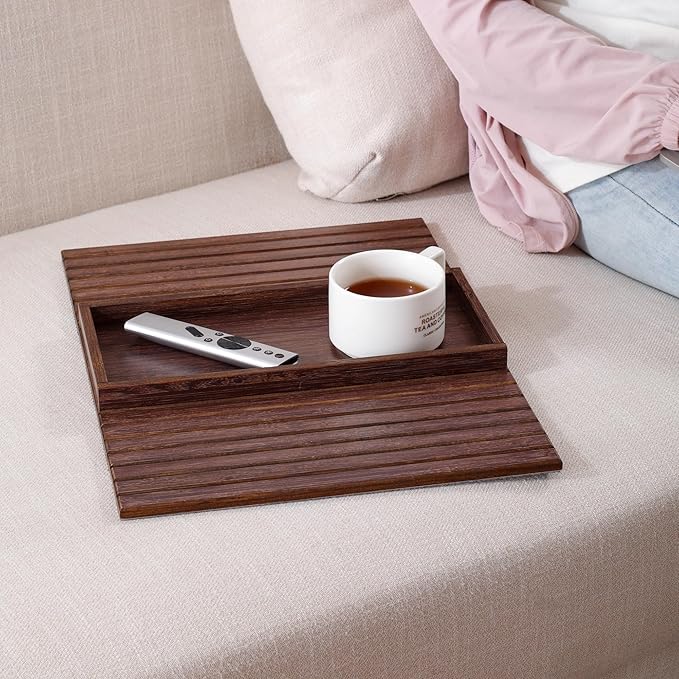 DETOR Couch Arm Tray, TV Tray with Capacious 12.4" x 5.4" Storage Box, Bamboo Grain Stained Brown Color, Enhanced Nonslip Felt Bottom, Sturdy Bamboo Slats Material | for Armrests 6" and Wider-NeatNest