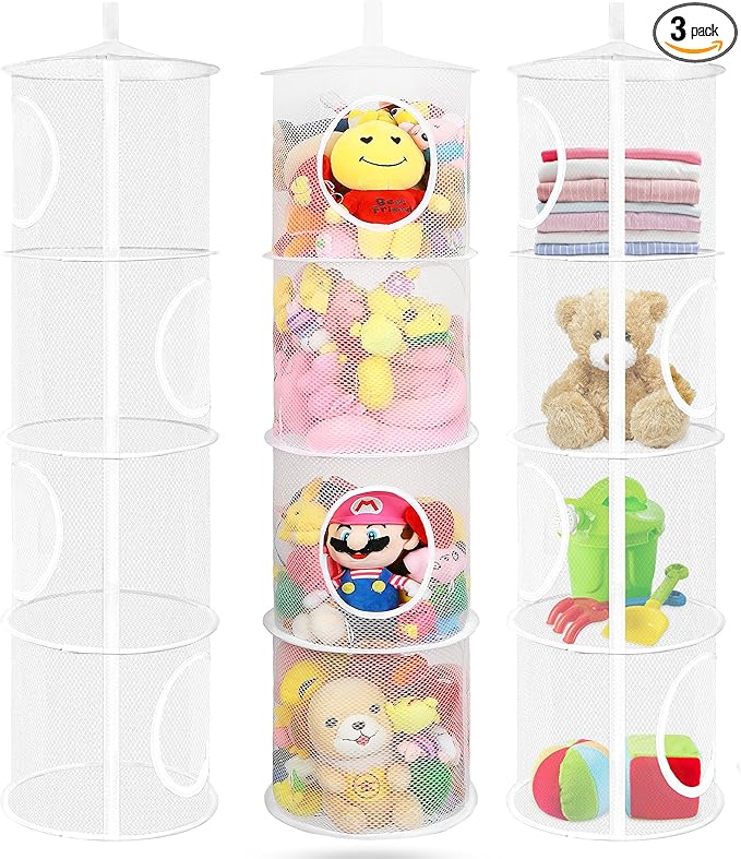 3Pcs Stuffed Animal Storage Foldable Stuffed Animal Net or Hammock Organizer, 4 Compartments Hanging Toy Storage Organizer, Toy Organizer for Kid Room Toys, Gloves, Hats, Socks(White)-NeatNest