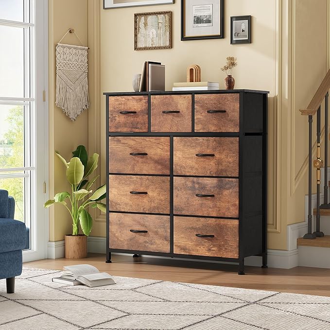 DWVO Dresser with 9 Drawers - Fabric Storage Tower, Organizer Unit for Living Room, Hallway - Sturdy Steel Frame, Wooden Top & Easy Pull Fabric Bins-NeatNest