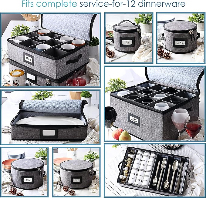 Fine China Storage Containers, 8 Piece Quilted Dish Storage Containers for Flatware & Utensil, Mug, Platter and Wine Glass with Felt Dividers, Durable Dinnerware Dish Organizers for Moving, Grey-NeatNest