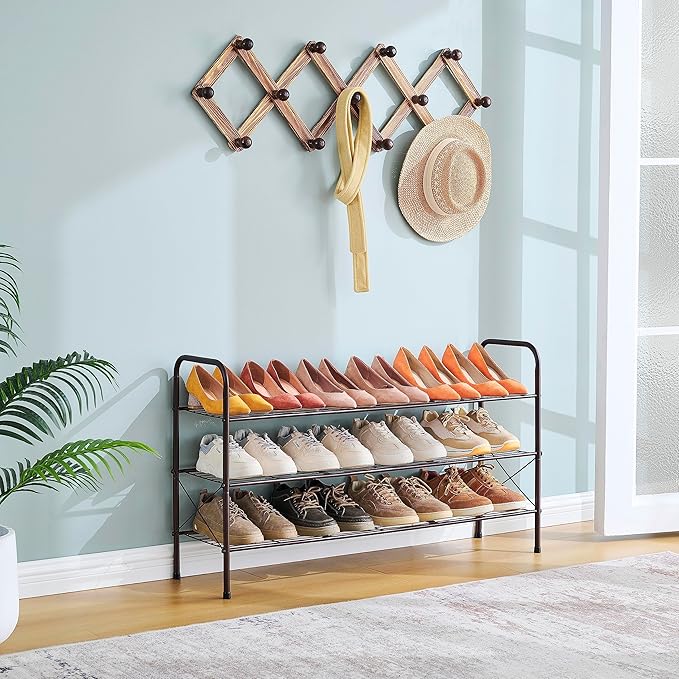 Hoctieon 3 Tier Mesh Style Shoe Rack, Entryway Shoe Shelf, Shoe Storage Organizer, Shoe Rack for Closet, Space Save for Bathroom, Garage, Hallway, Bedroom, Living Room, Brown-NeatNest