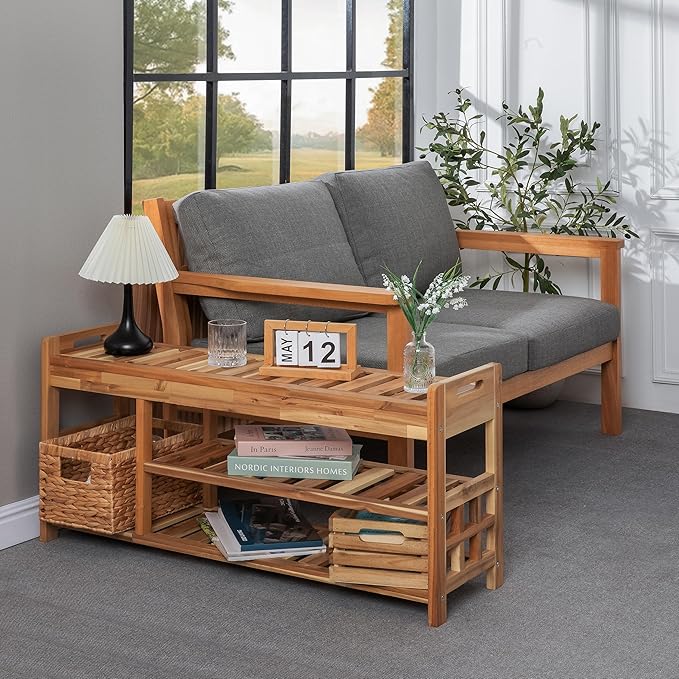 Wooden Shoe Rack with Bench Seat - Light Natural Acacia Wood Entryway Organizer with Cushioned Top & Easy-Move Handles - Multi-Level Shoe Shelf (39.4 x 11.6X 19.29)-NeatNest