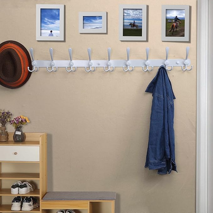 Dseap Coat Rack Wall Mount - 38” Long 10-Tri-Hooks Heavy Duty Coat Hanger Rail Wall Hooks for Hanging Coats Hats Clothing Clothes Purse Mudroom Entryway, White, Pack of 2-NeatNest