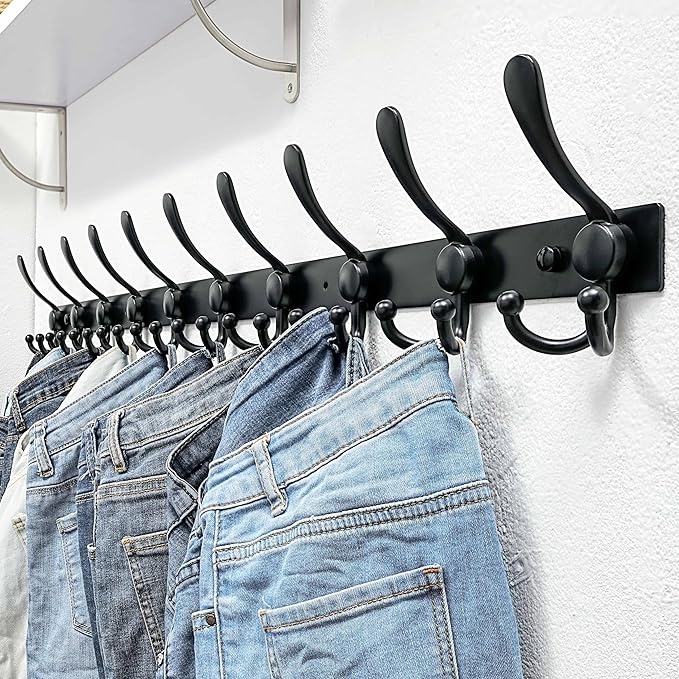 Dseap MaxStrong 2.0 Coat Rack Wall - 37” Long 10 Tri Hooks - Ultra Heavy-Duty Stainless Steel Wall Mount Coat Hanger, Hook Rail for Clothes Hats Jacket Towels Black