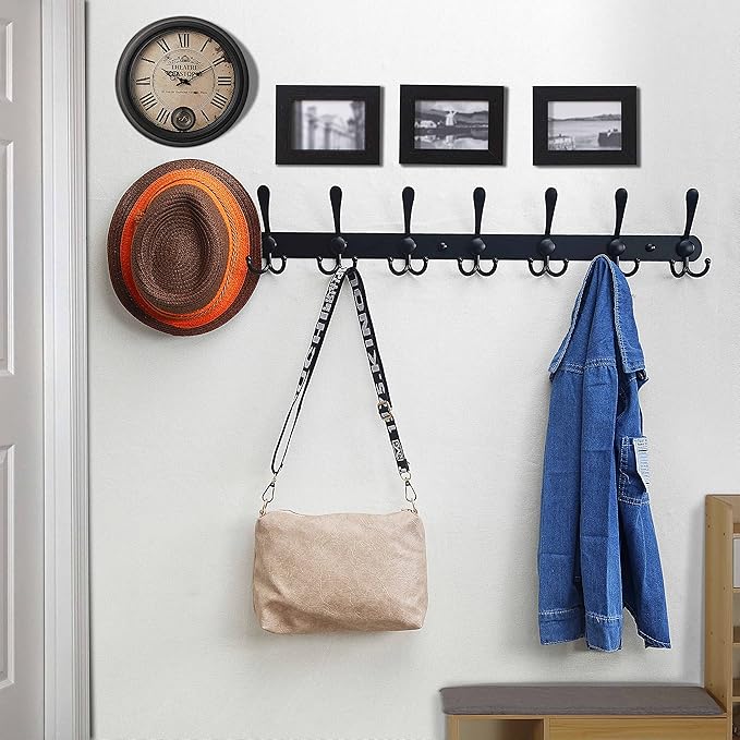 Dseap Coat Rack Wall Mount - 29.5” Long 8-Tri-Hooks Heavy Duty Coat Hanger Rail Wall Hooks for Hanging Coats Hats Clothing Clothes Purse Mudroom Entryway, Black, Pack of 2-NeatNest