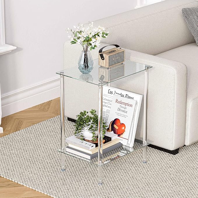 empered Glass Side Tables Set of 2 Acrylic End Table with 2 Storage Shelve transparent Bedside simplicity clear 2-Tier Nightstands small Spaces Office Bedroom Living Room Study Transparent ET-008TR
