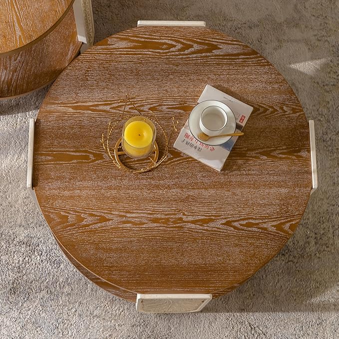 kevinplus 31.89'' Round Wood Coffee Table 2-Tier Circle Craft Rustic Coffee Table for Living Room, Modern Retro Farmhouse Carved Style, Easy Assembly, Natural Wood