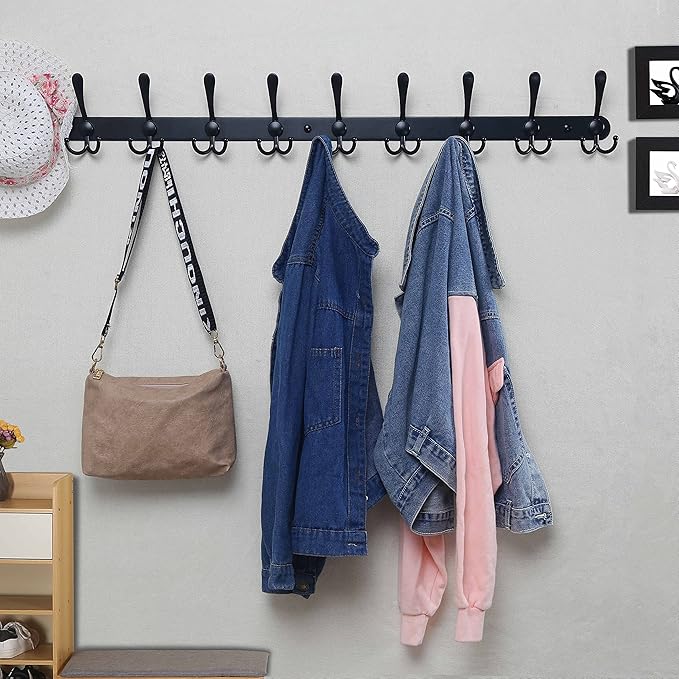 Dseap Coat Rack Wall Mount - 38” Long 10-Tri-Hooks Heavy Duty Coat Hanger Rail Wall Hooks for Hanging Coats Hats Clothing Clothes Purse Mudroom Entryway, Black, Pack of 2-NeatNest
