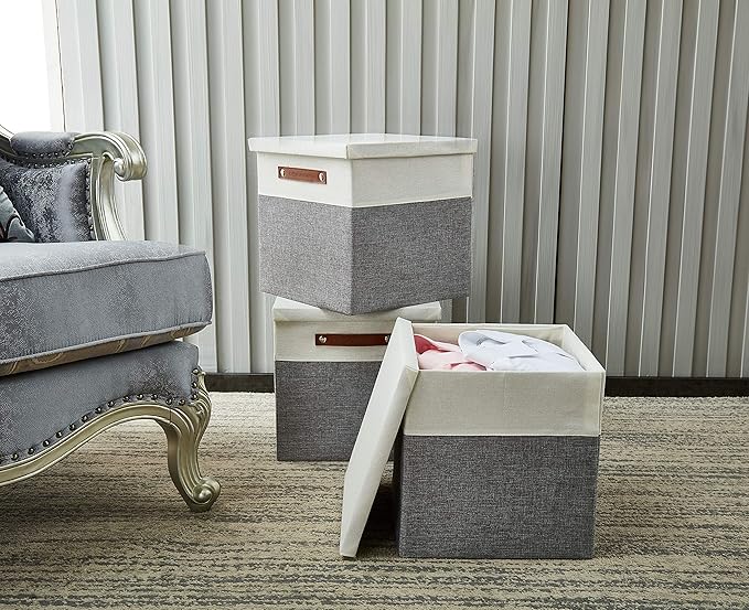 DECOMOMO Storage Basket with Lid, Storage Cubes with Handles, Fabric Box with Lid (Grey and White, 11” / 3 Pack)-NeatNest