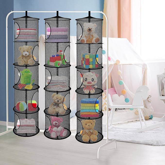 3Pcs Stuffed Animal Storage Foldable Stuffed Animal Net or Hammock Organizer, 5 Compartments Hanging Mesh Toy Storage Hammock for Kid Room Toys, Gloves, Hats, Socks(Black)-NeatNest
