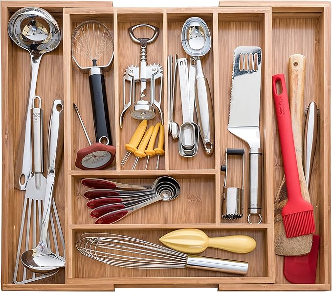 Bellemain Expandable Bamboo Drawer Organizer - Large Kitchen Utensil Holder for Cutlery, Silverware, Flatware Storage - Utensil Organizer for Kitchen Drawers, Desk, Junk Drawer Organizer Tray, 8-Slot-NeatNest