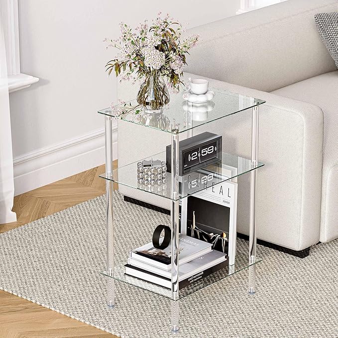 Tempered Glass Side Tables Set of 2 Acrylic End Table with 3 Storage Shelve transparent Bedside simplicity clear 3-Tier Nightstands small Spaces Office Bedroom Living Room Study Transparent ET-008TR3T