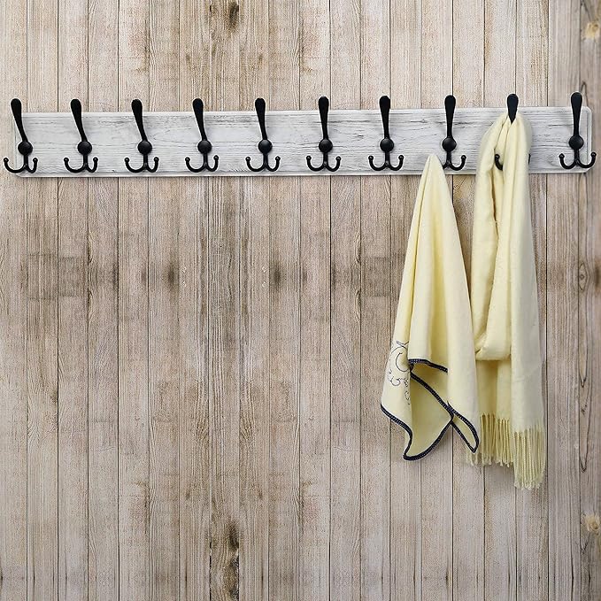 Dseap Wall Mounted Coat Rack with 10 Tri Hooks: Wooden Coat Hook Hanger for Coats Towels Hats Clothes, White & Black