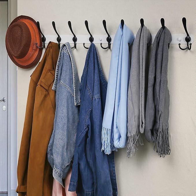 Dseap Coat Rack Wall Mount - 38” Long 10-Tri-Hooks Heavy Duty Coat Hanger Rail Wall Hooks for Hanging Coats Hats Clothing Clothes Purse Mudroom Entryway, White/Black-NeatNest