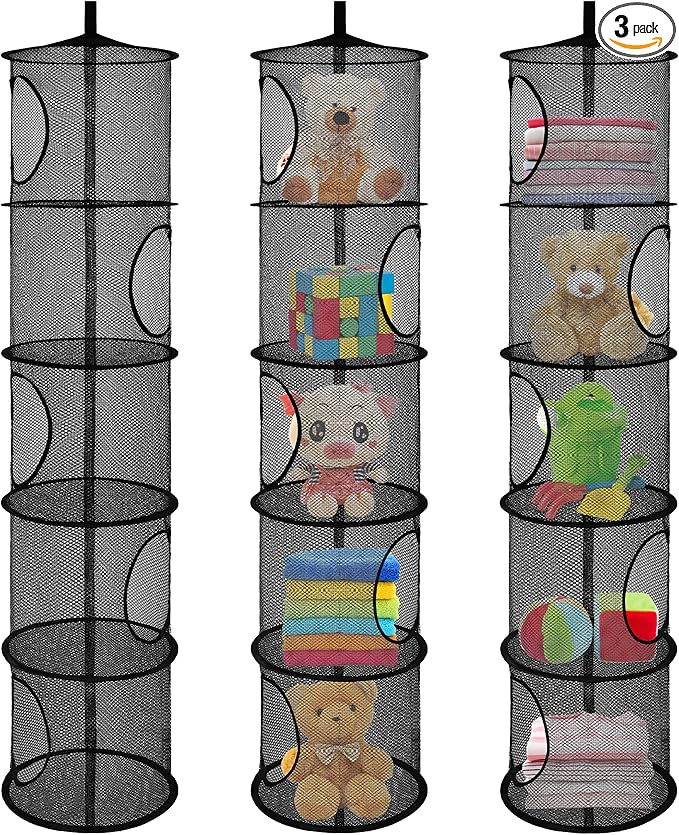 3Pcs Stuffed Animal Storage Foldable Stuffed Animal Net or Hammock Organizer, 5 Compartments Hanging Mesh Toy Storage Hammock for Kid Room Toys, Gloves, Hats, Socks(Black)-NeatNest