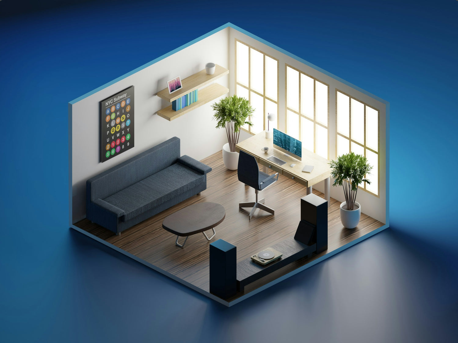 Modern home office with organized desk, sofa, and shelves, styled for neat storage solutions by NeatNest