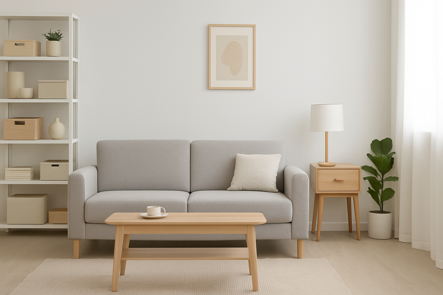 NeatNest minimalist living room with gray sofa, wooden table, and organized shelves creating a clutter-free space