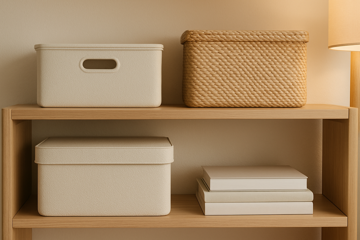 NeatNest wooden shelves with neatly arranged storage boxes, baskets, and books under warm lighting for a stylish organized look