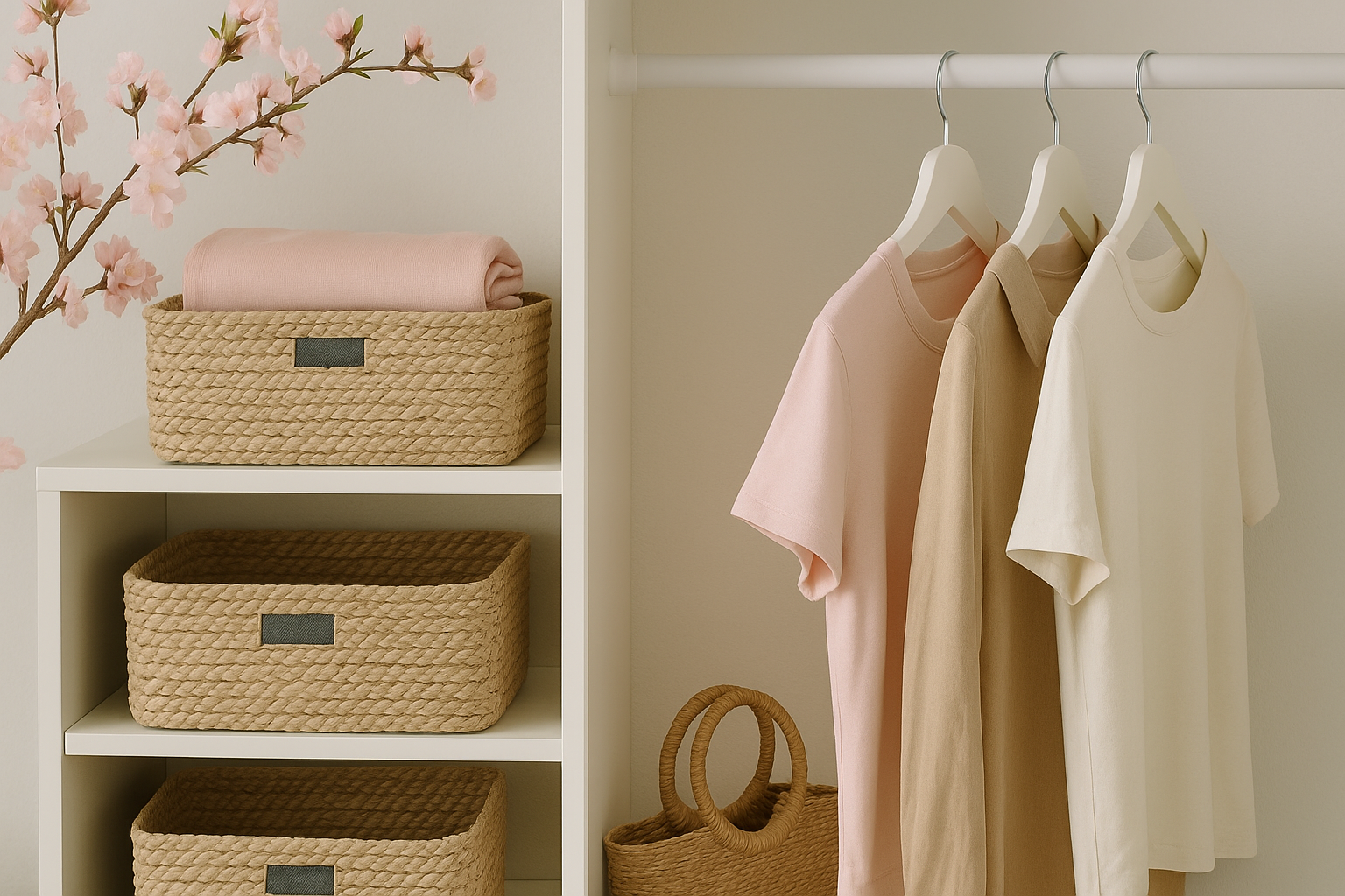 Spring-inspired closet with pastel shirts, woven storage baskets, and cherry blossom accents, creating a fresh and organized look.