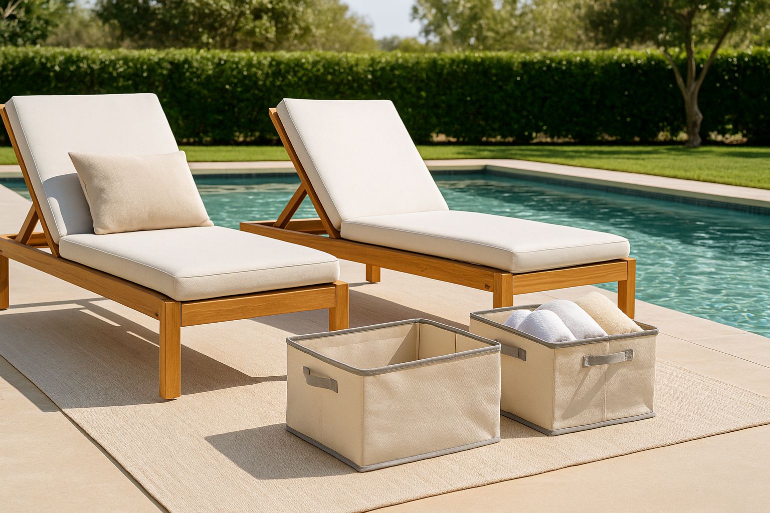 Poolside scene with NeatNest collapsible storage bins holding towels beside wooden lounge chairs, creating a bright summer atmosphere.