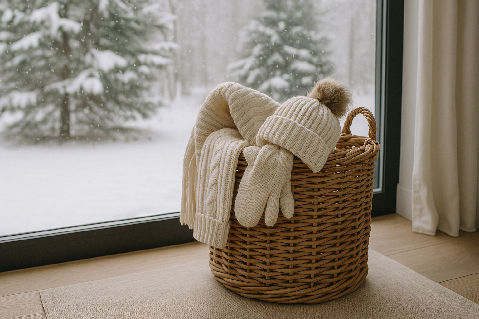 Winter scene with a woven storage basket holding a knit hat, scarf, and gloves by the window, with snowy trees outside