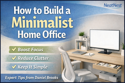 Minimalist home office setup with a clean desk, desktop shelves, organized drawers, and cable management designed to boost focus and reduce clutter by NeatNest