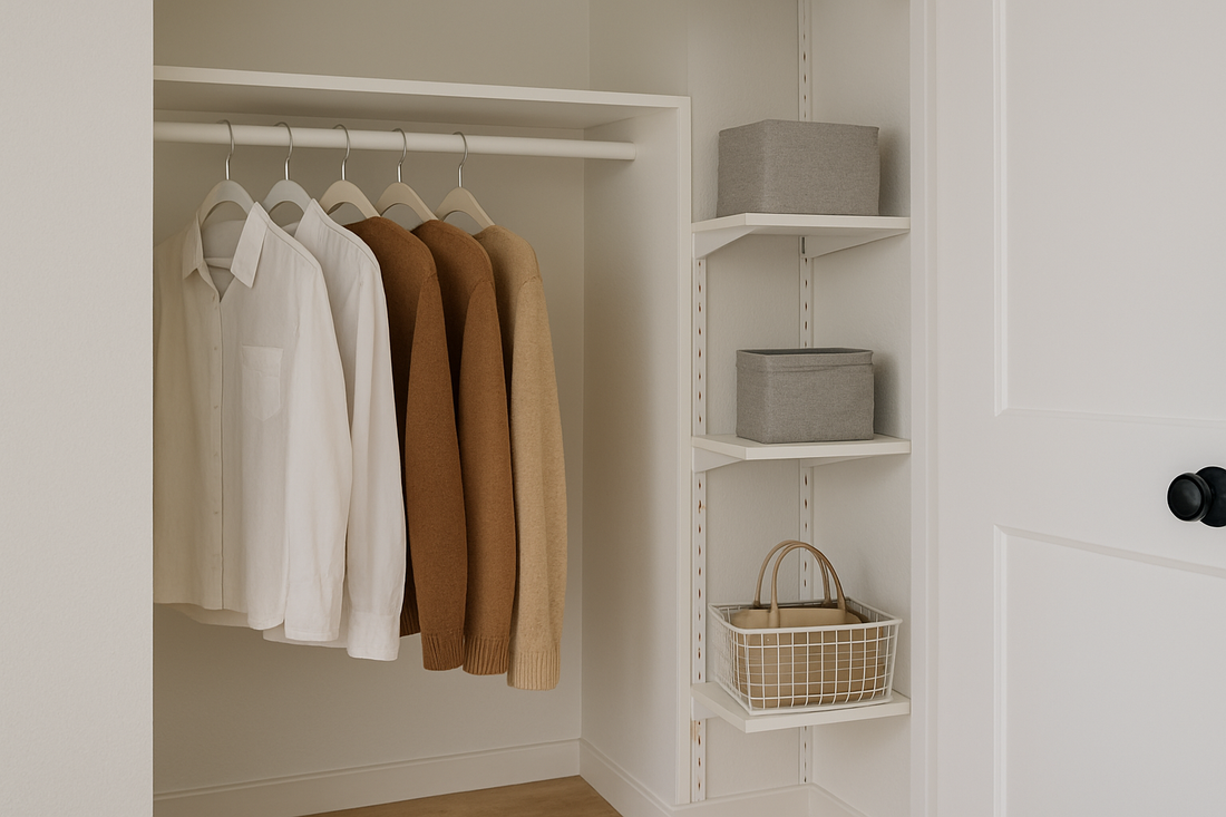 Wide thumbnail of an organized closet with neatly hung clothes and storage bins – NeatNest
