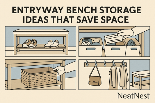 A wide comic-style thumbnail showing NeatNest entryway bench storage ideas, including shoe shelves, labeled bins, and wall hooks for space-saving organization.