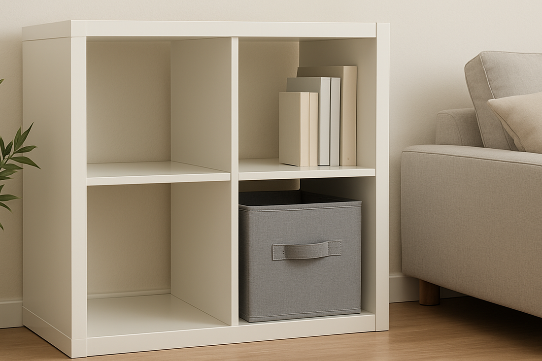 Wide thumbnail of a modern living room with bookshelf and foldable fabric storage bin – NeatNest